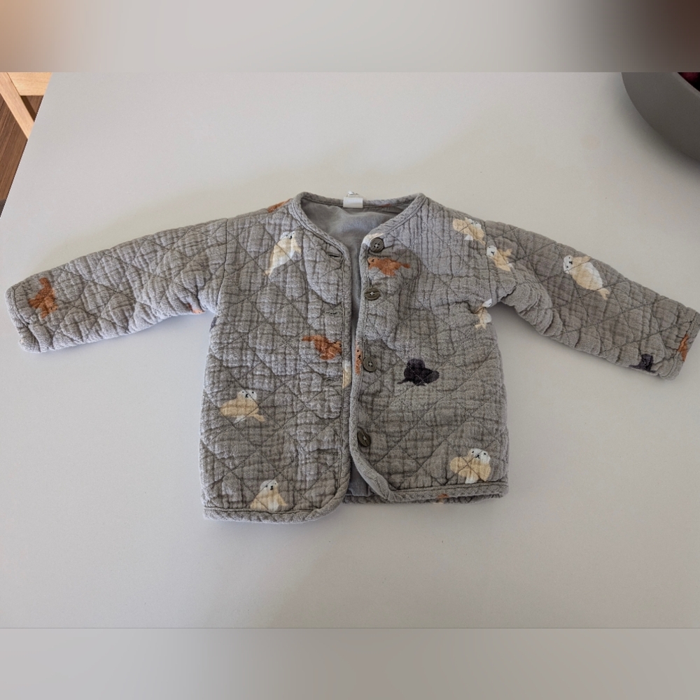 Quilted Gray Baby Jacket with Animal Print